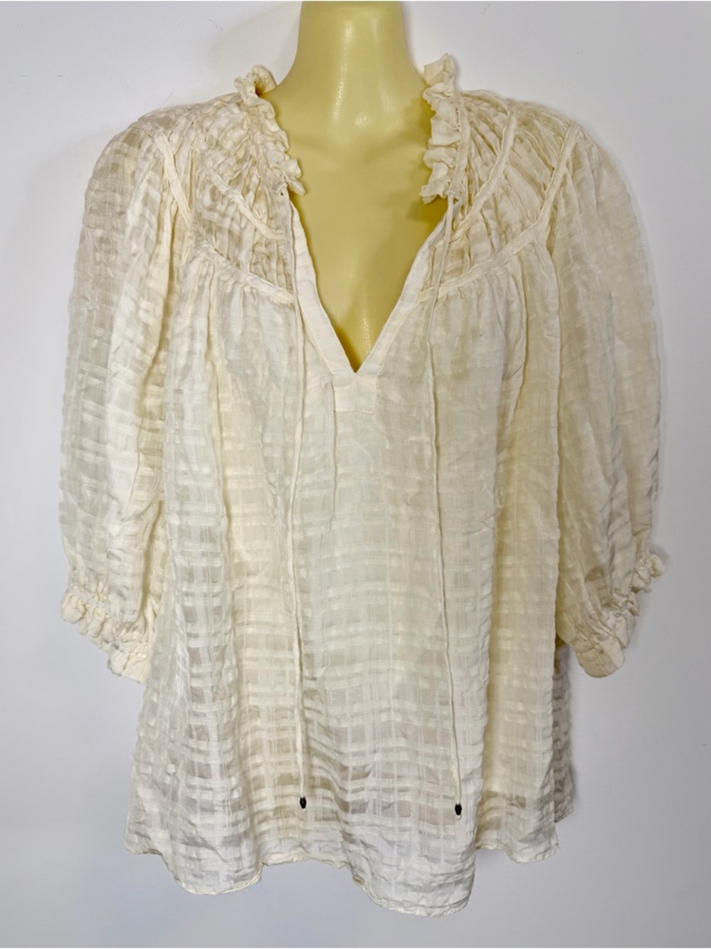 Marie Oliver Cream Ruffled V-Neck Peasant Blouse with Sheer Stripes